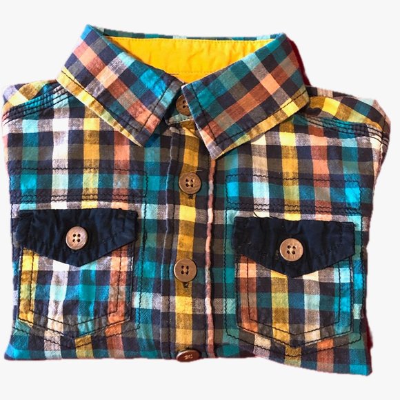 Genuine Kids OshKosh Boys Plaid Button Up Blue Marigold Size 2T - Picture 5 of 5
